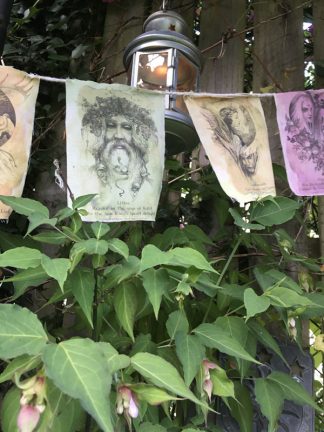 pagan prayer flags in garden